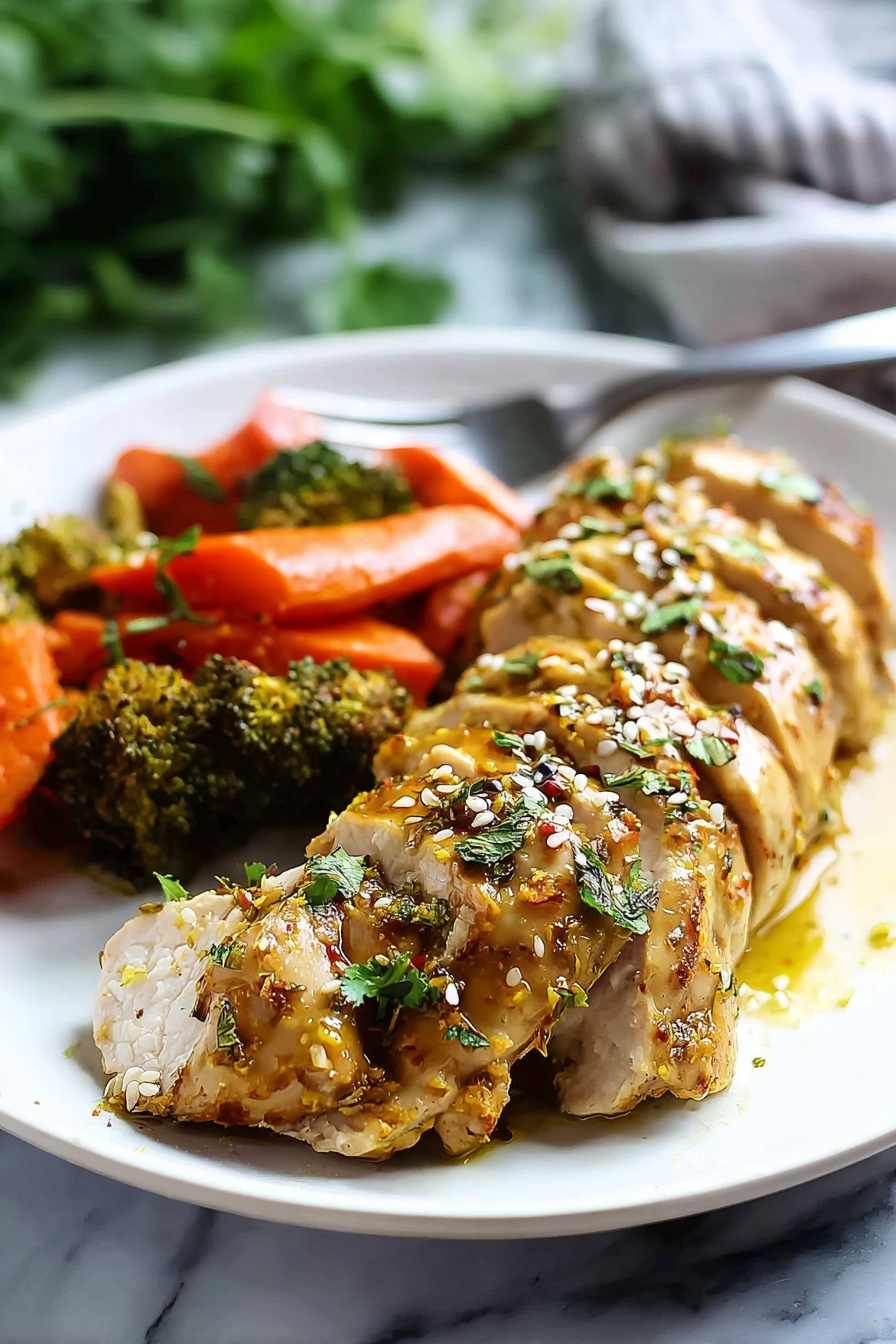 A plate of food with chicken, broccoli, and carrots.