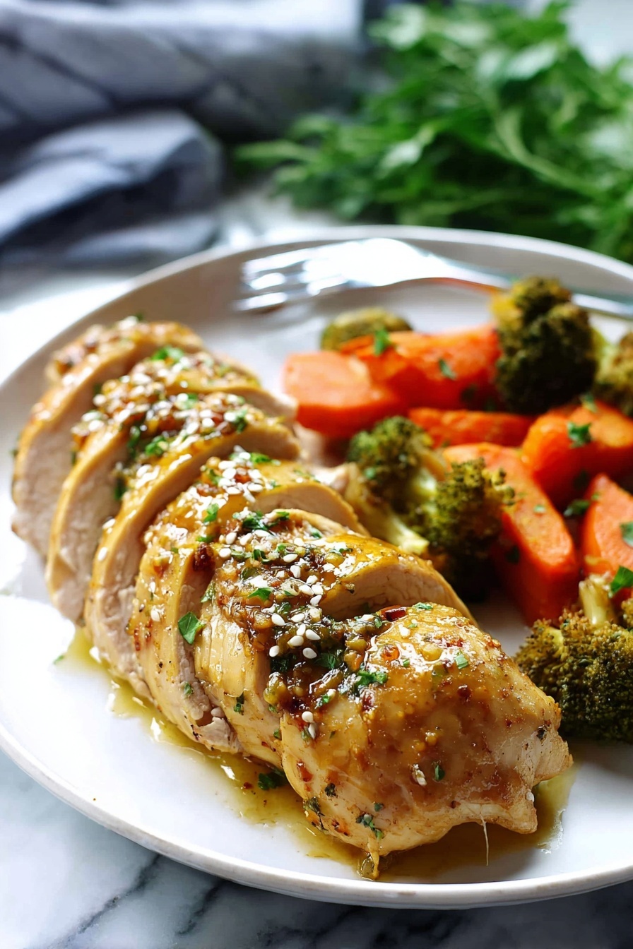 A plate of food with chicken, broccoli, and carrots.