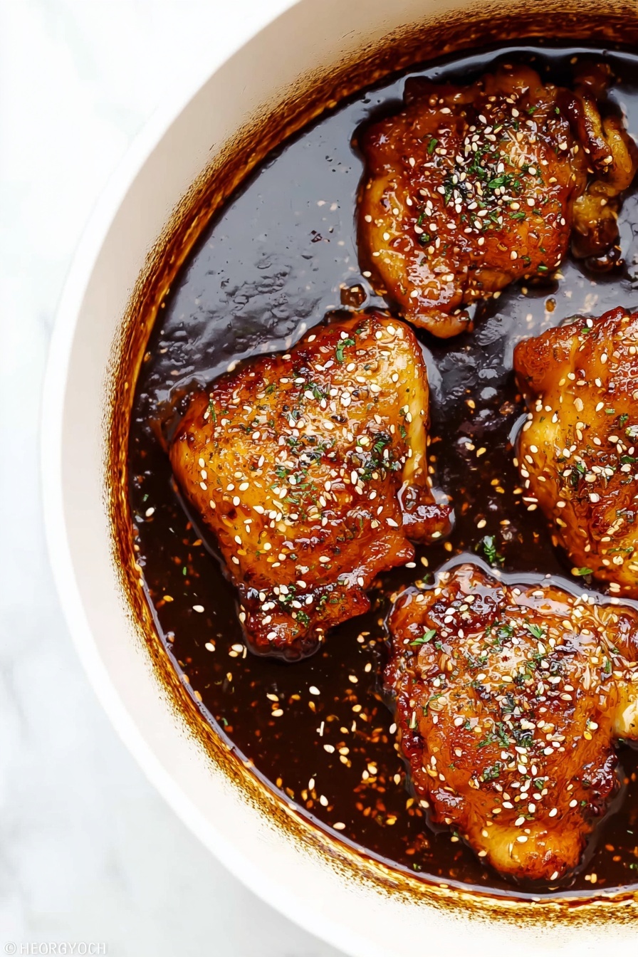 A bowl of chicken with a brown sauce.