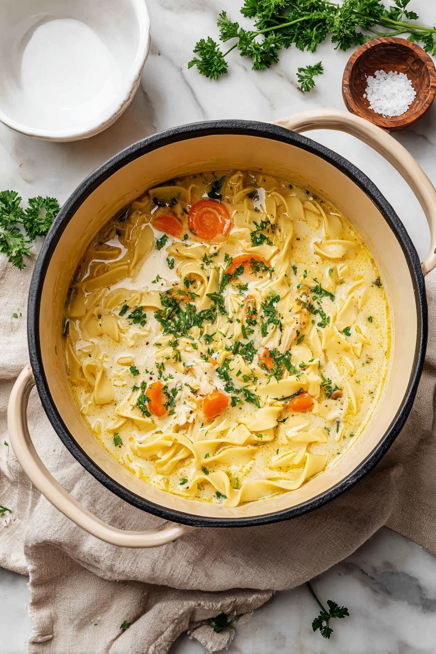 A bowl of creamy chicken noodle soup.
