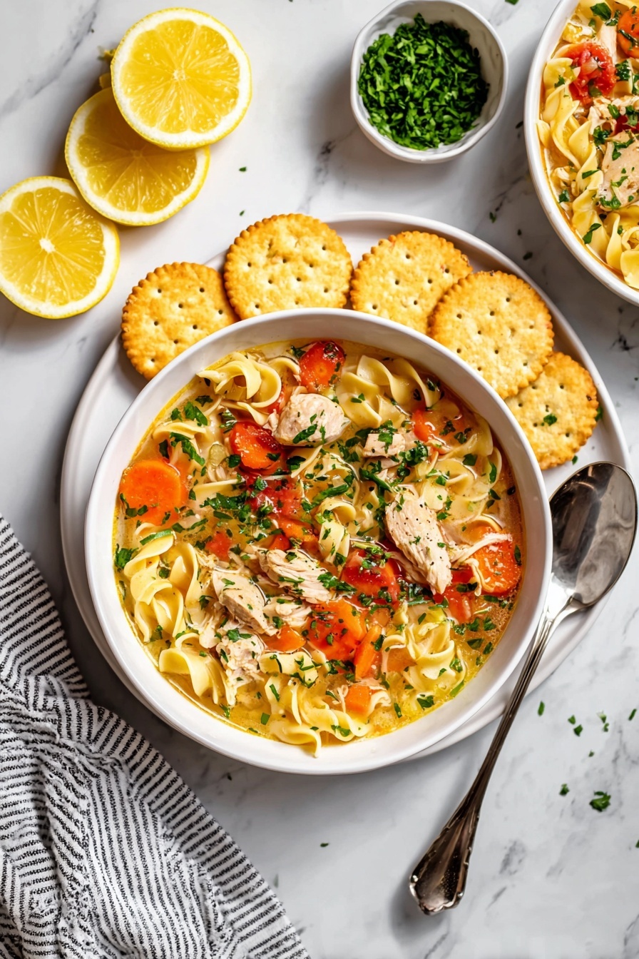 A bowl of pasta with chicken and vegetables.
