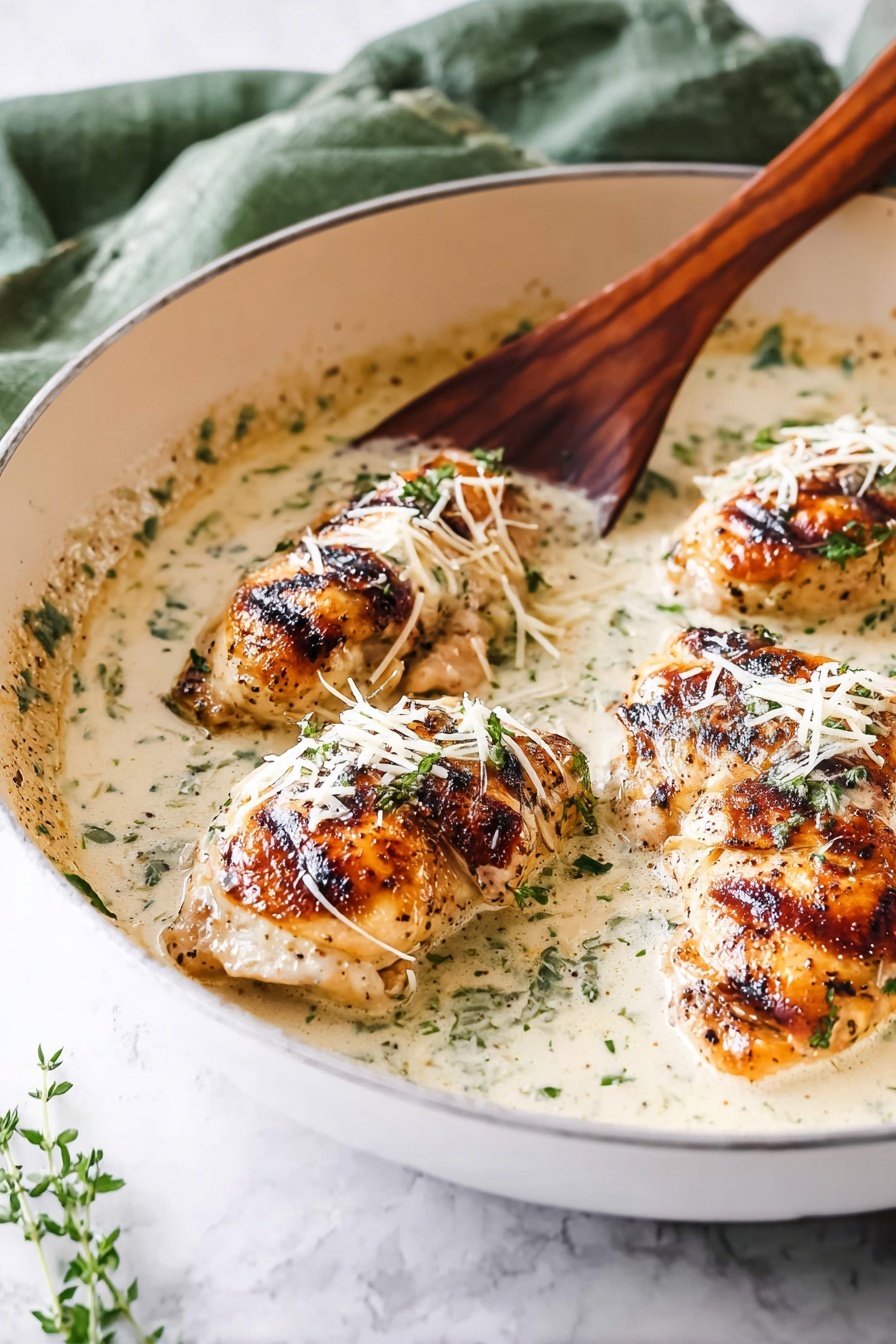 A pan of chicken covered in cheese and herbs.