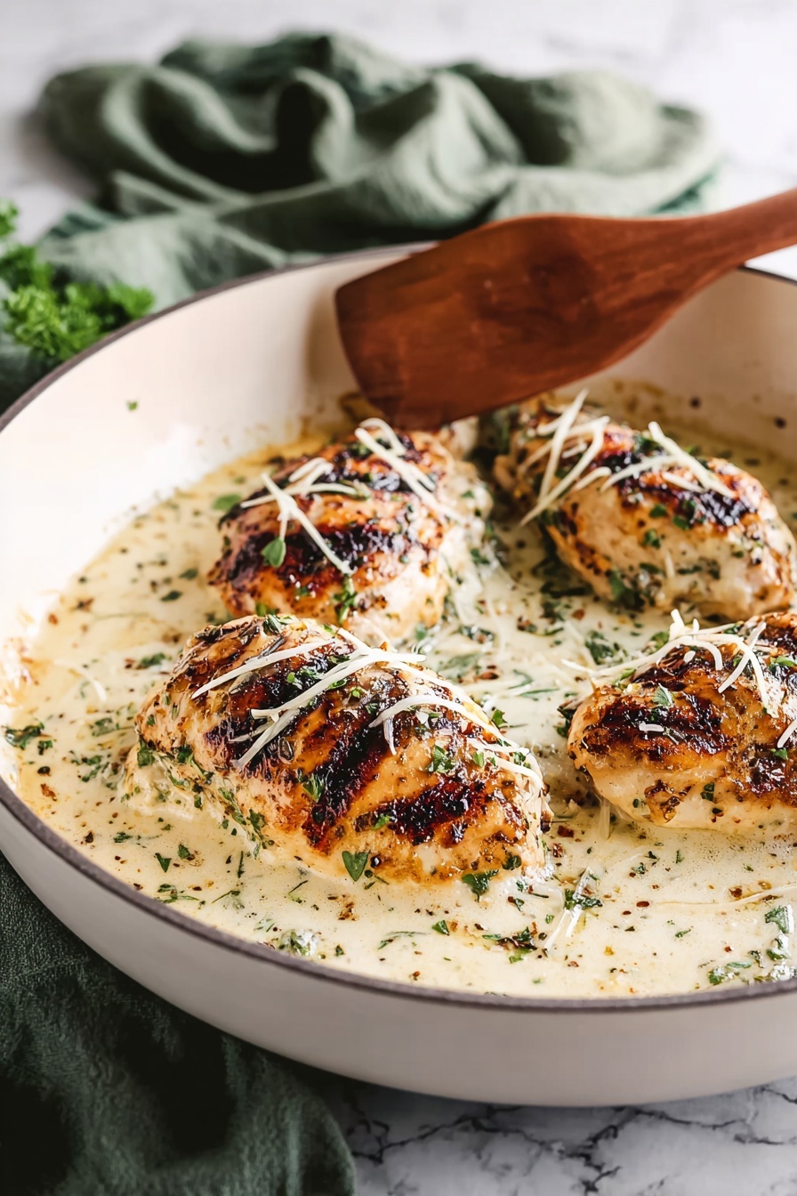 A pan of chicken with herbs and cheese.