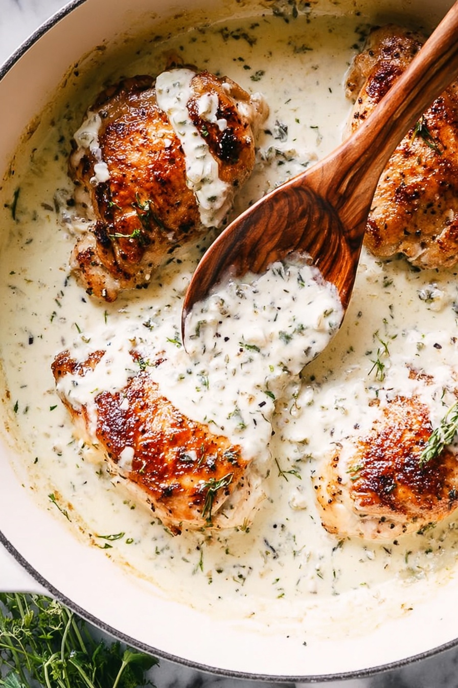 A wooden spoon in a bowl of creamy herb chicken.