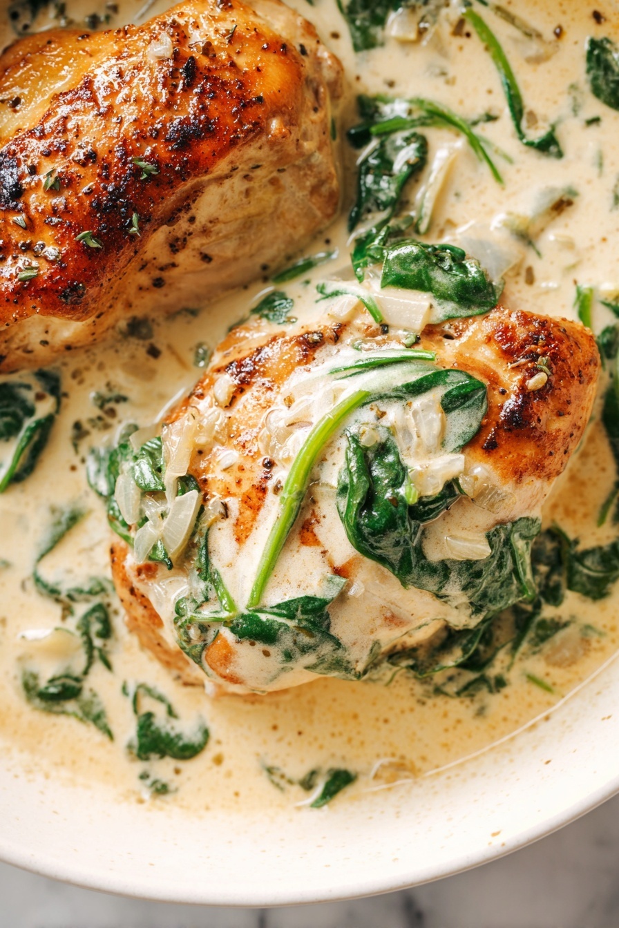 A plate of chicken with spinach and cream sauce.