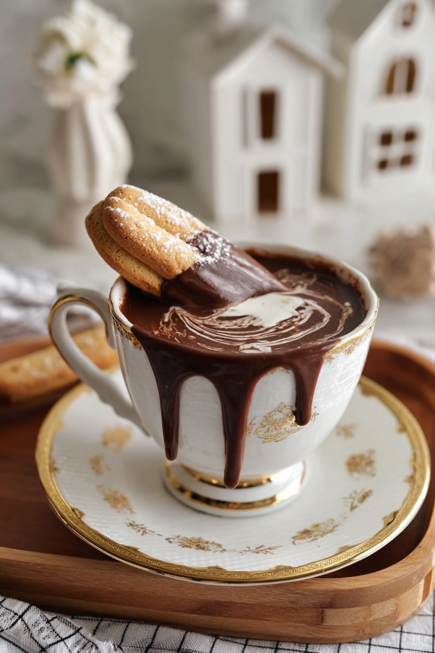 A cup of hot chocolate with a cookie on top.