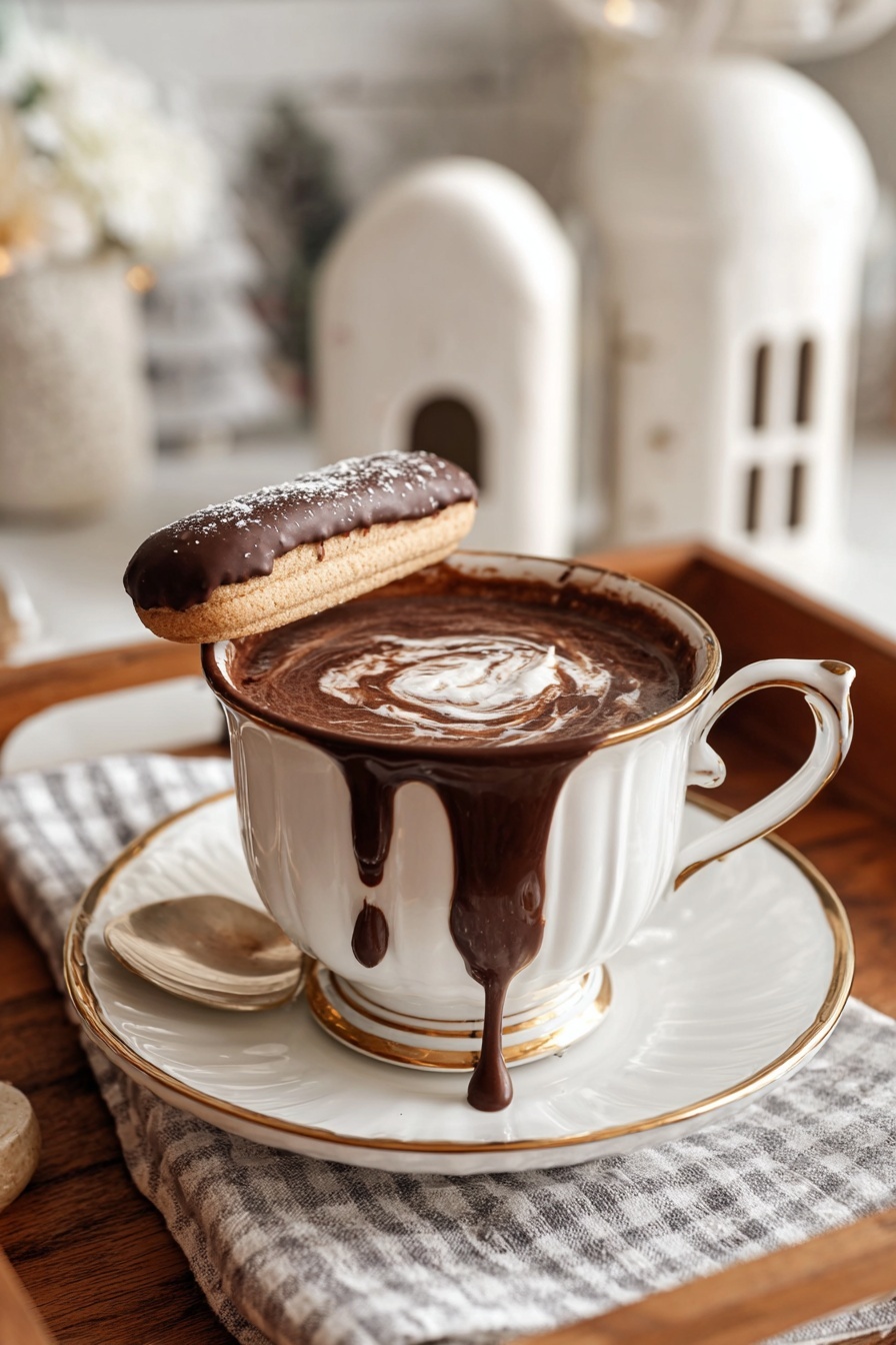 A cup of coffee with a chocolate drizzle.