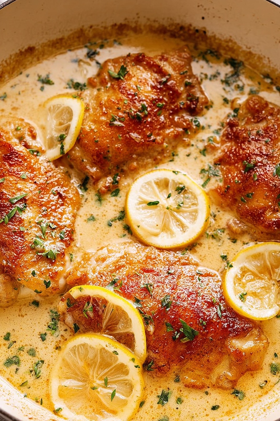 A dish of chicken with lemon slices on top.