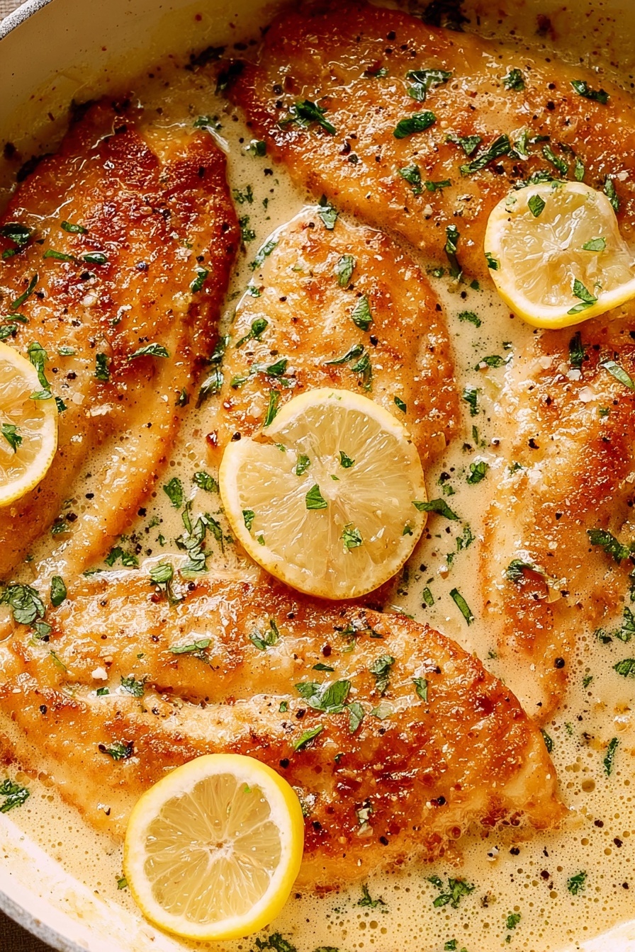 A dish of chicken with lemon slices on top.