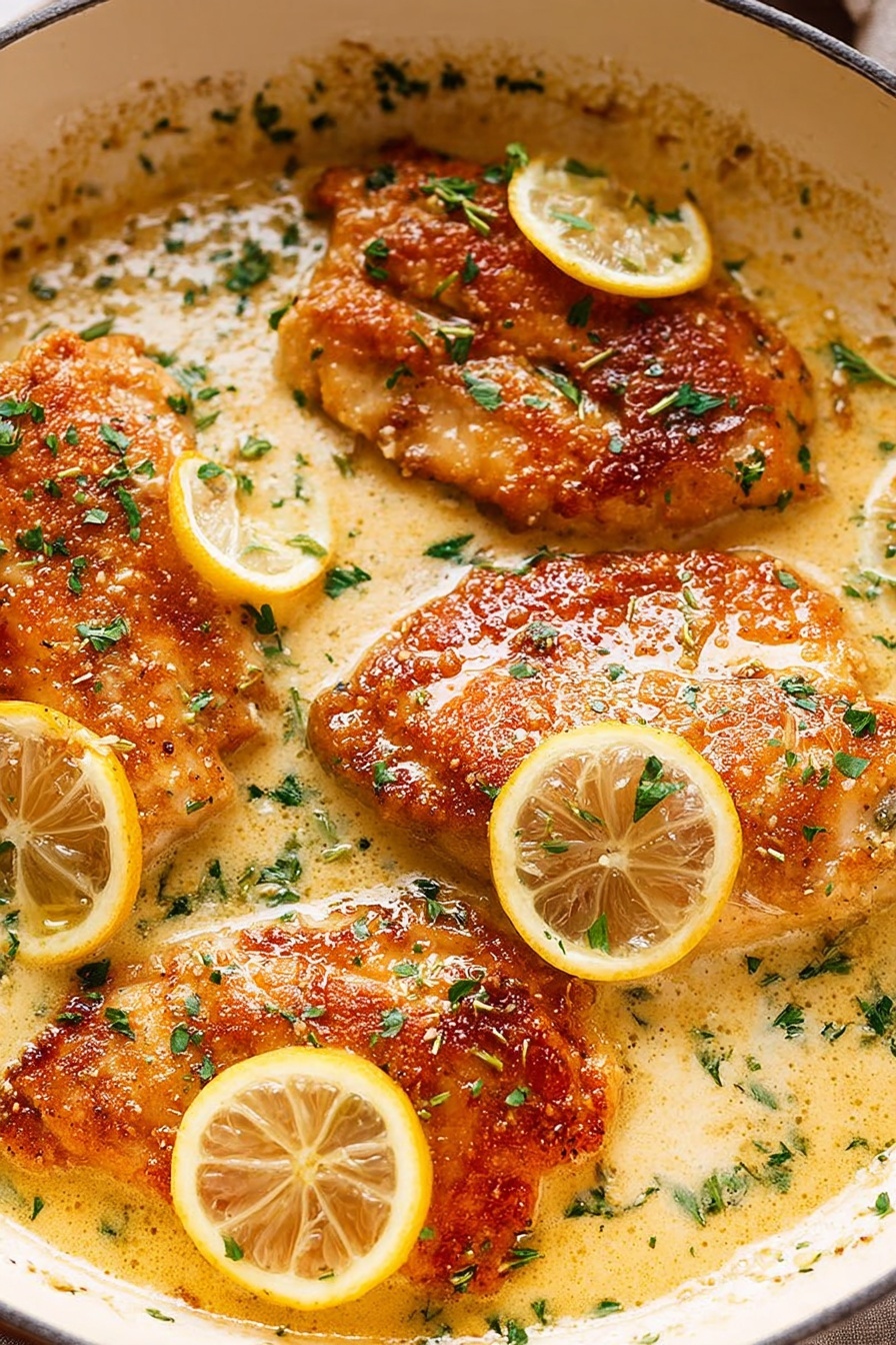 A plate of chicken with lemon slices on top.