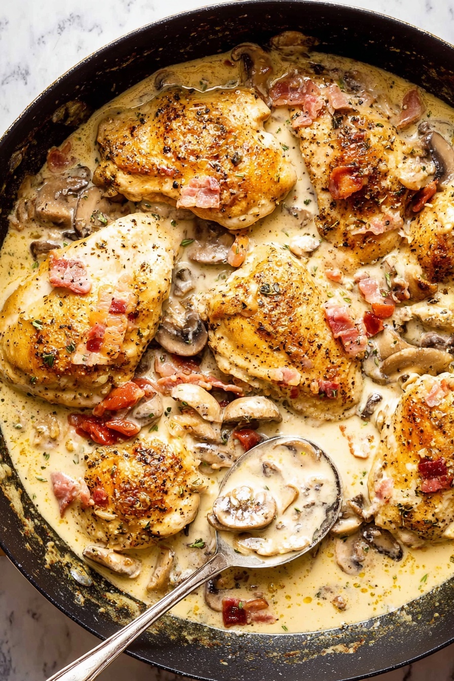 A pan of chicken with mushrooms and bacon.