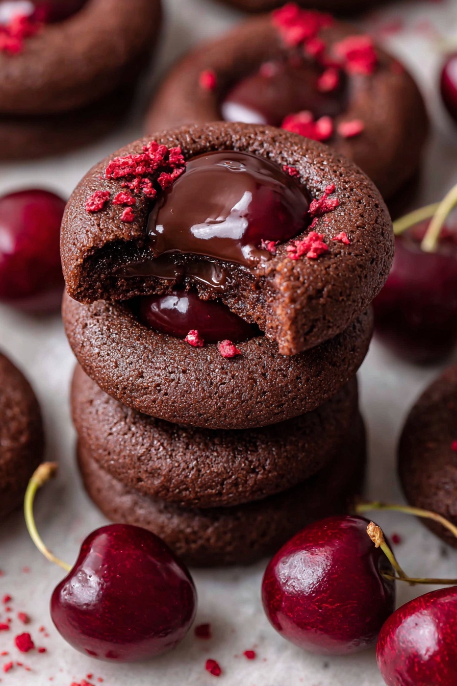 A stack of chocolate cherry cookies.
