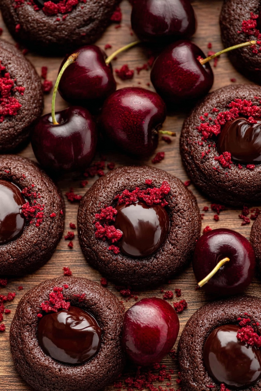 Chocolate cherry cookies with cherries on top.