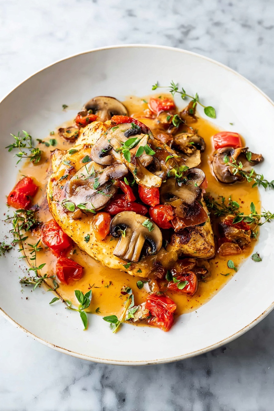 A plate of chicken chasseur with mushrooms and tomatoes.