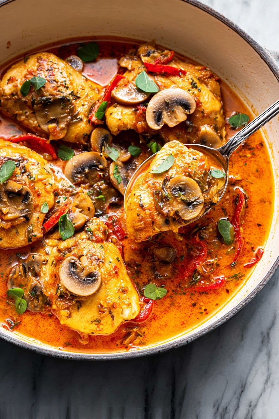 A plate of chicken chasseur with mushrooms and peppers.