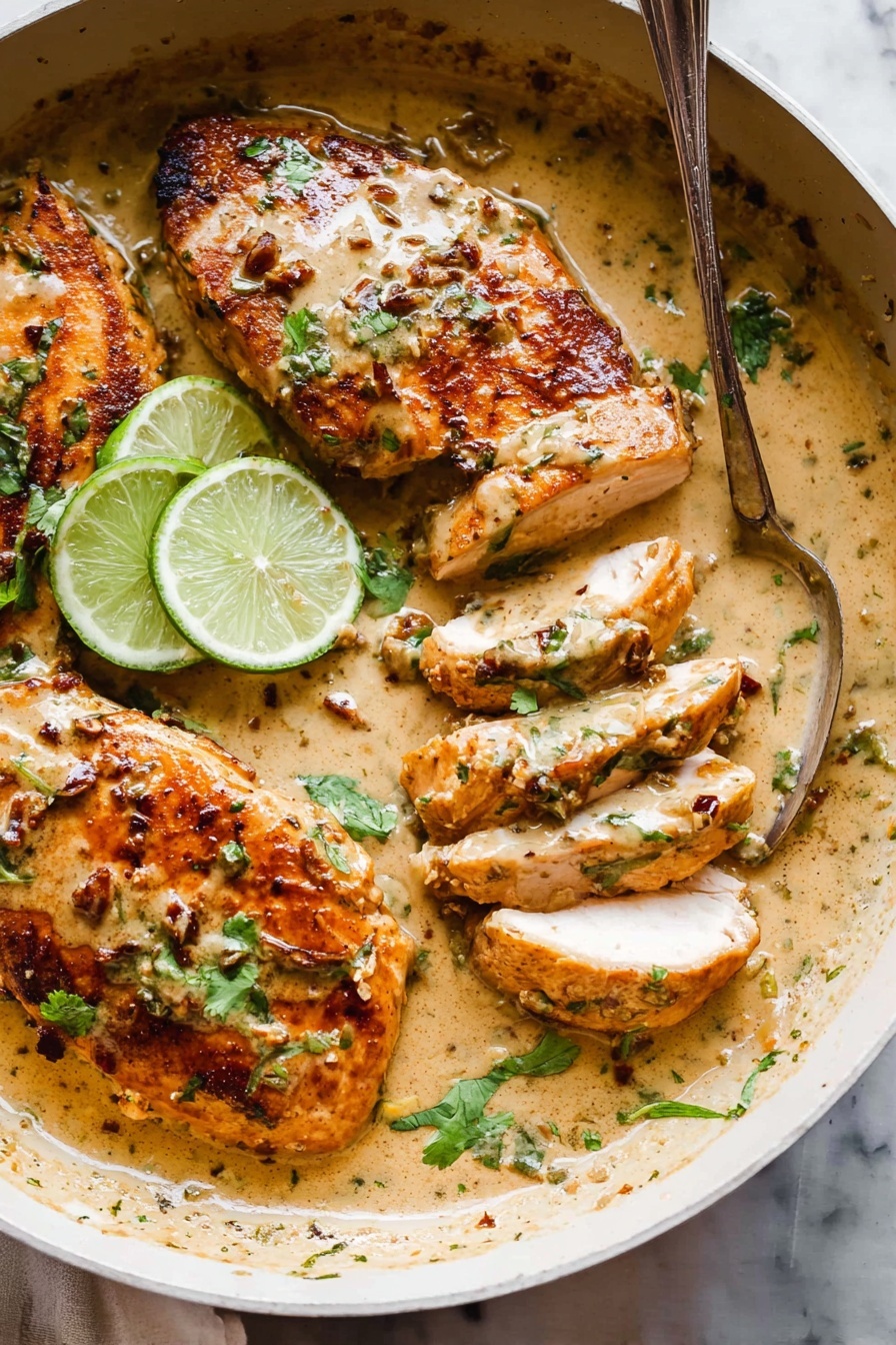 A bowl of creamy chipotle chicken with lime wedges on top.