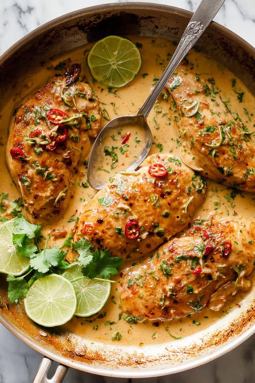 A plate of chicken with a spoon in it.