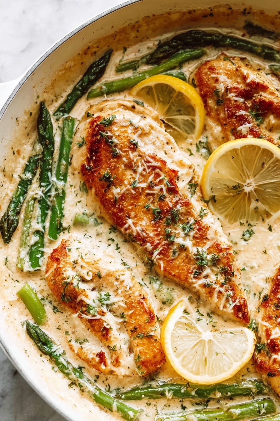A dish of creamy lemon chicken with green beans and lemon wedges.