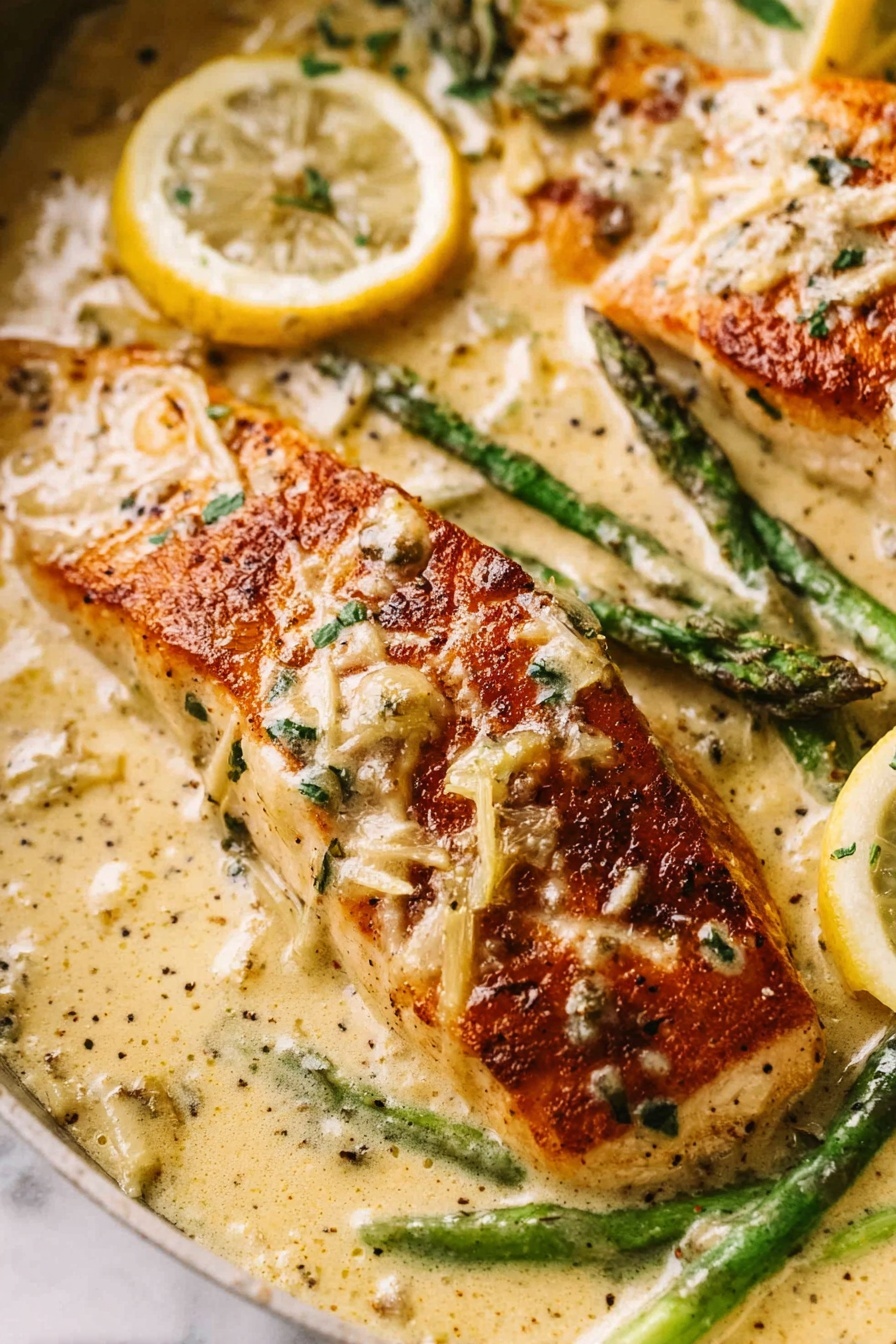 A dish of creamy lemon chicken with asparagus.