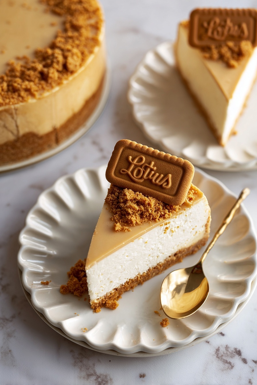 A slice of Biscoff cheesecake on a plate.