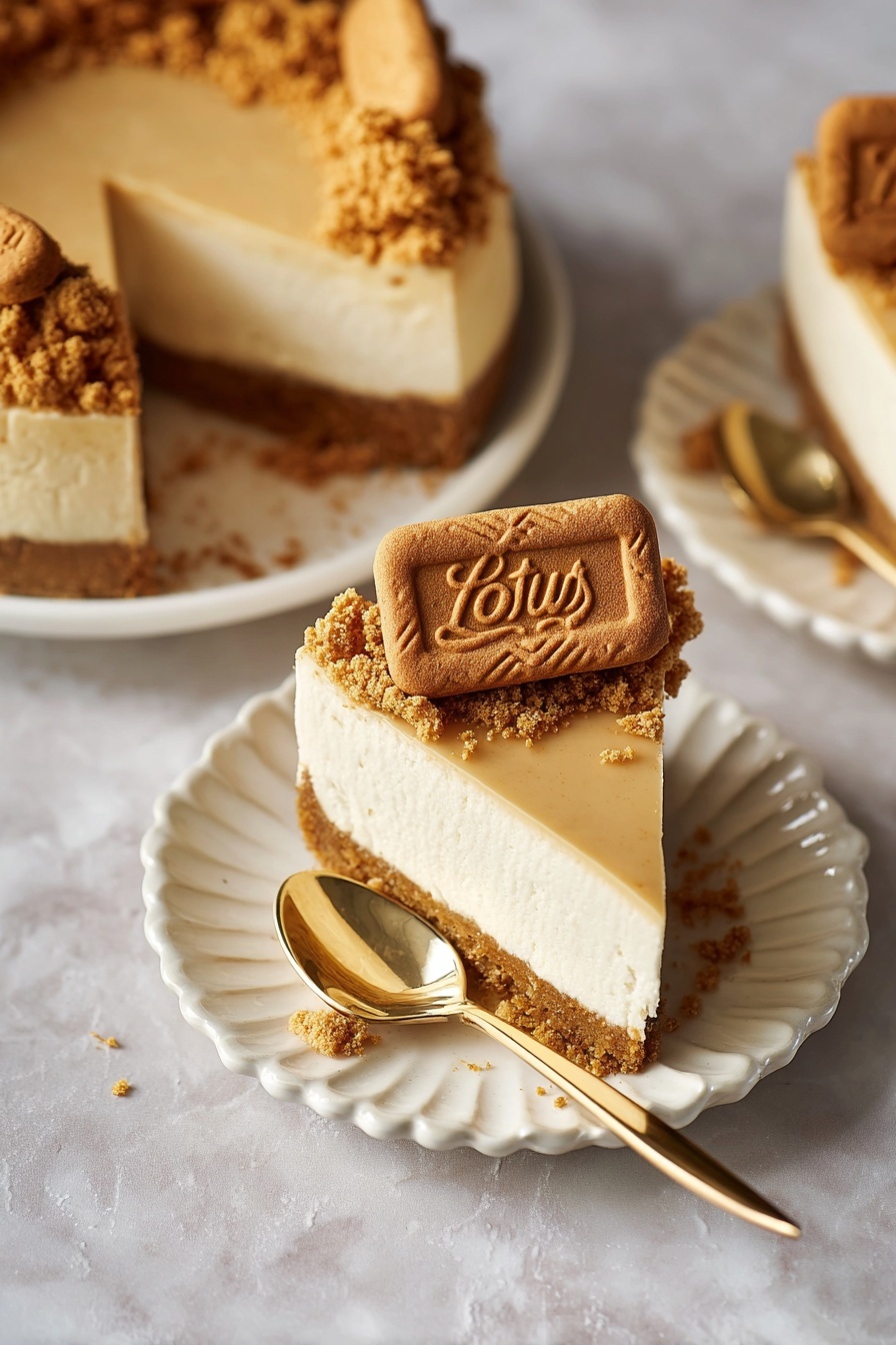 A slice of Biscoff cheesecake on a plate.