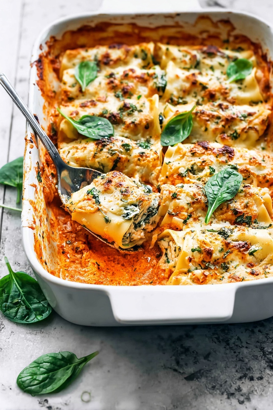 A dish of creamy ricotta spinach and chicken cannelloni.