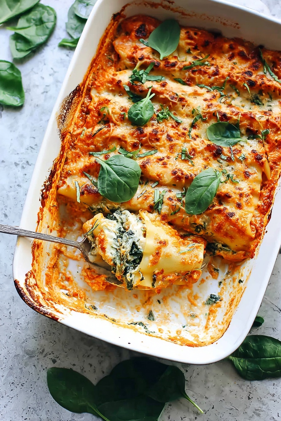 A dish of creamy ricotta spinach and chicken cannelloni.