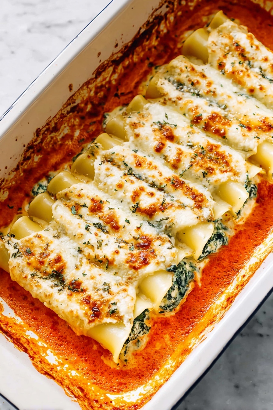 A dish of creamy ricotta spinach and chicken cannelloni.
