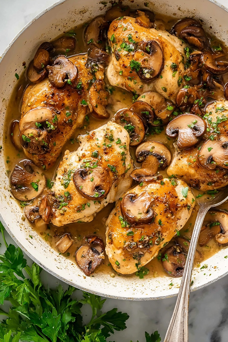 Chicken Marsala with mushrooms and herbs.