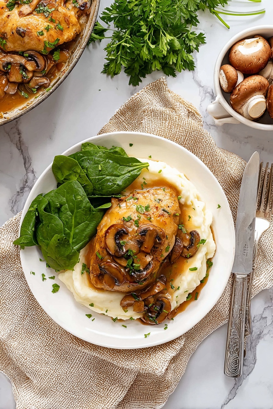 A plate of chicken Marsala with mushrooms and potatoes.