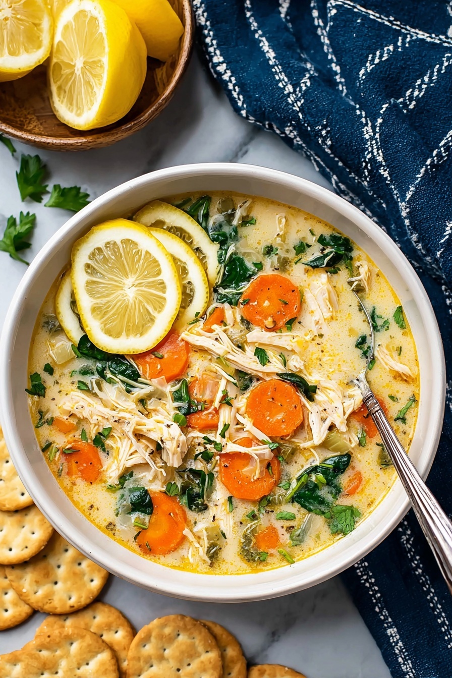 A bowl of chicken vegetable soup with a lemon wedge on top.