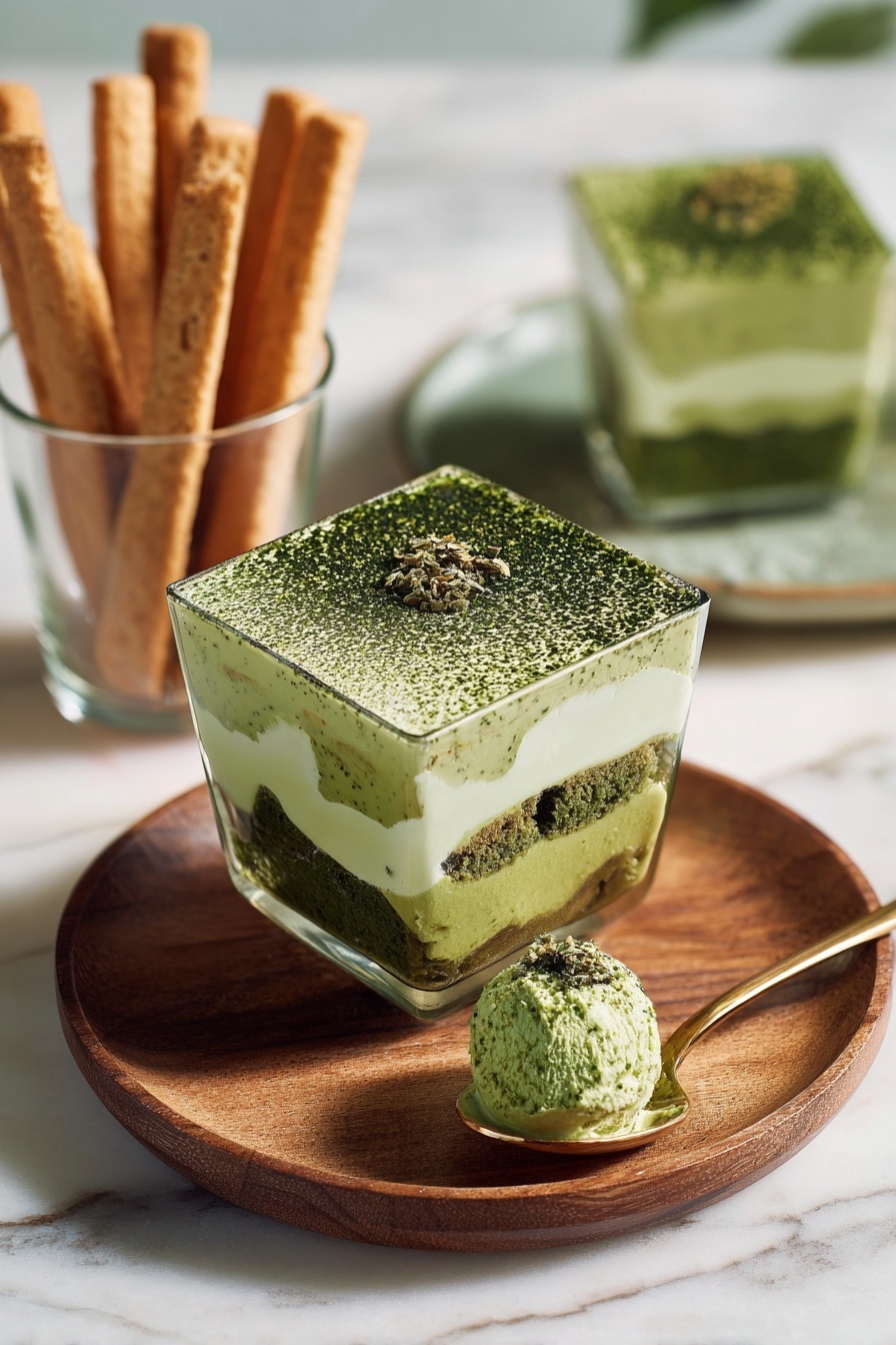 A square glass container with a green dessert inside.