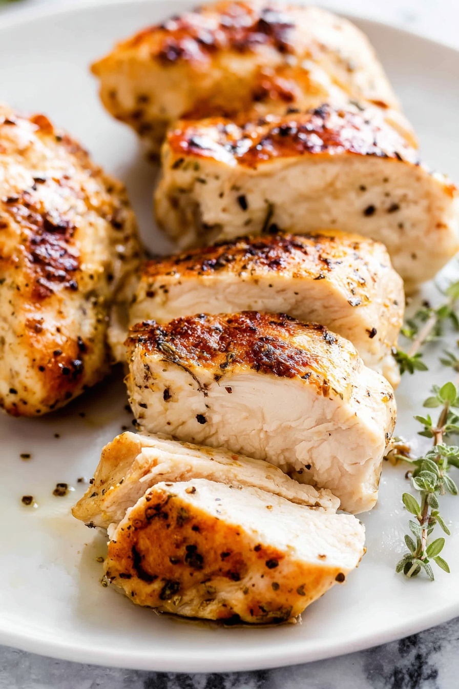 Juicy chicken breasts on a plate.