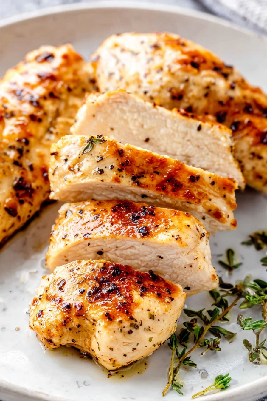 Juicy chicken breasts on a plate.