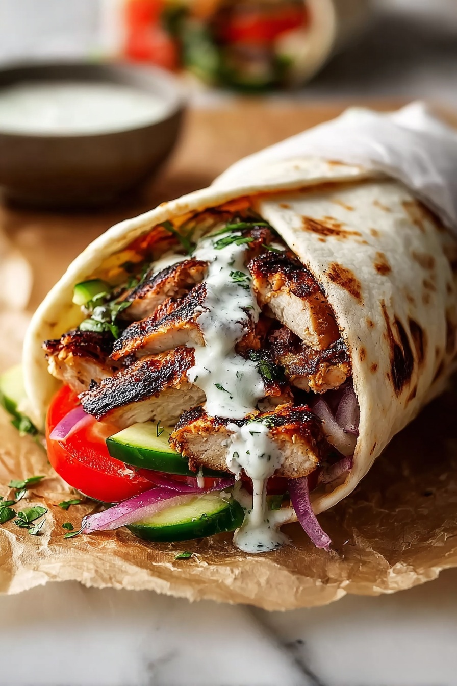 A gyro with chicken and vegetables.