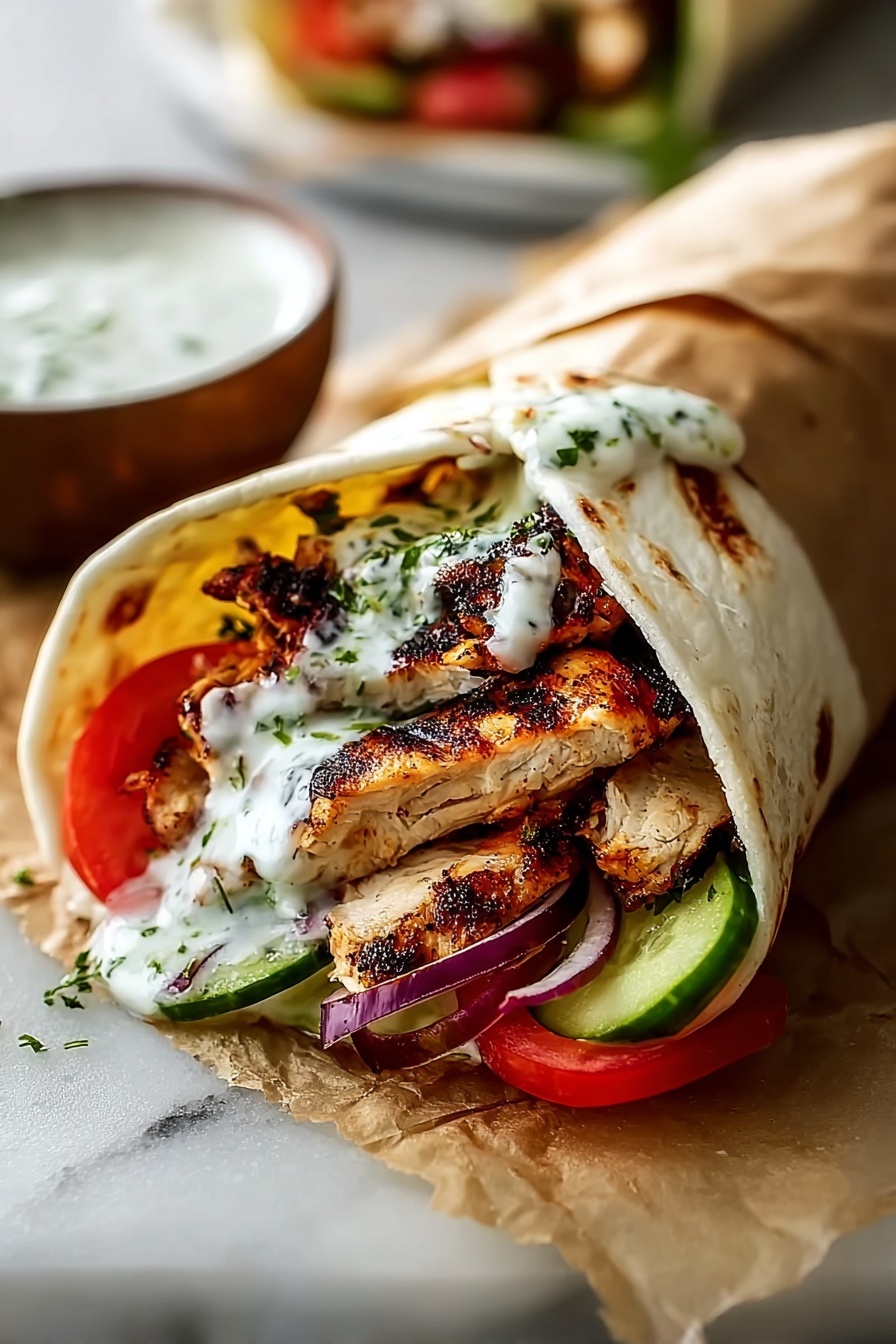 A gyro with chicken and vegetables.