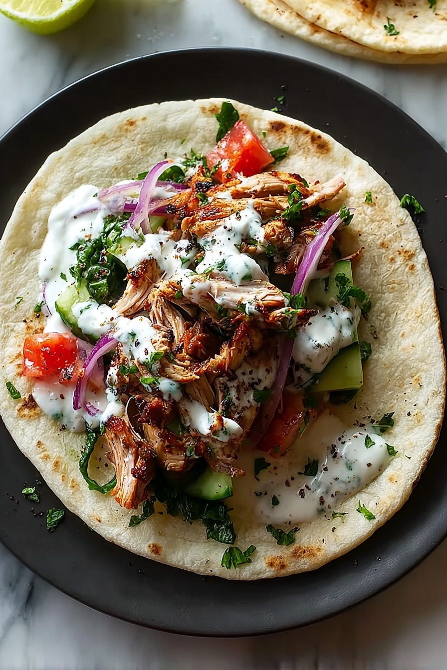 A gyro with meat, tomatoes, onions, and cucumbers.