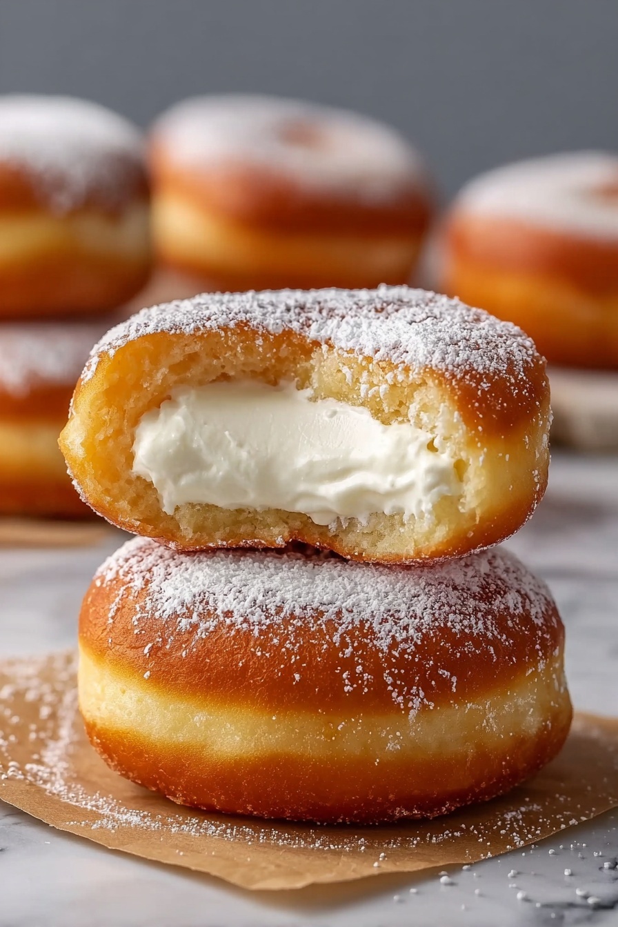 A donut with white frosting and powdered sugar.