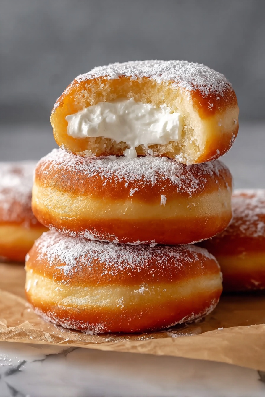 A stack of three donuts with white frosting and powdered sugar.