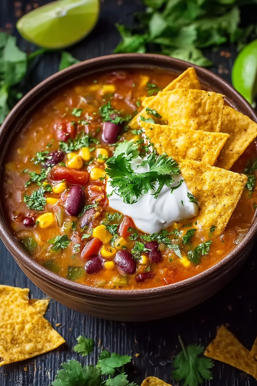 A bowl of soup with tortilla chips on top.