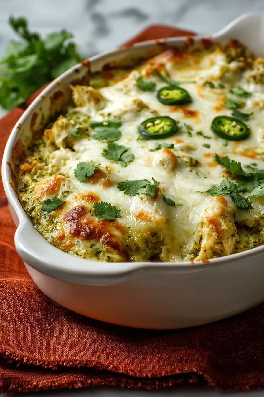 A dish of Salsa Verde Chicken Casserole.