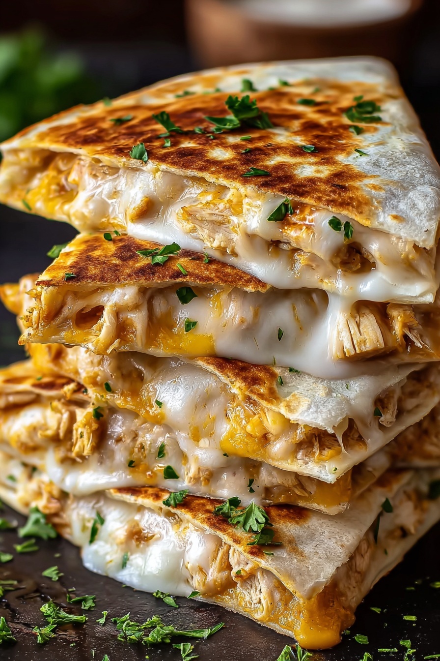 A stack of cheesy garlic chicken wraps.
