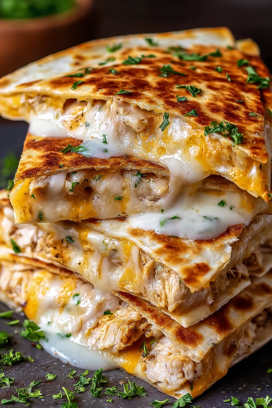 A stack of cheesy garlic chicken wraps.