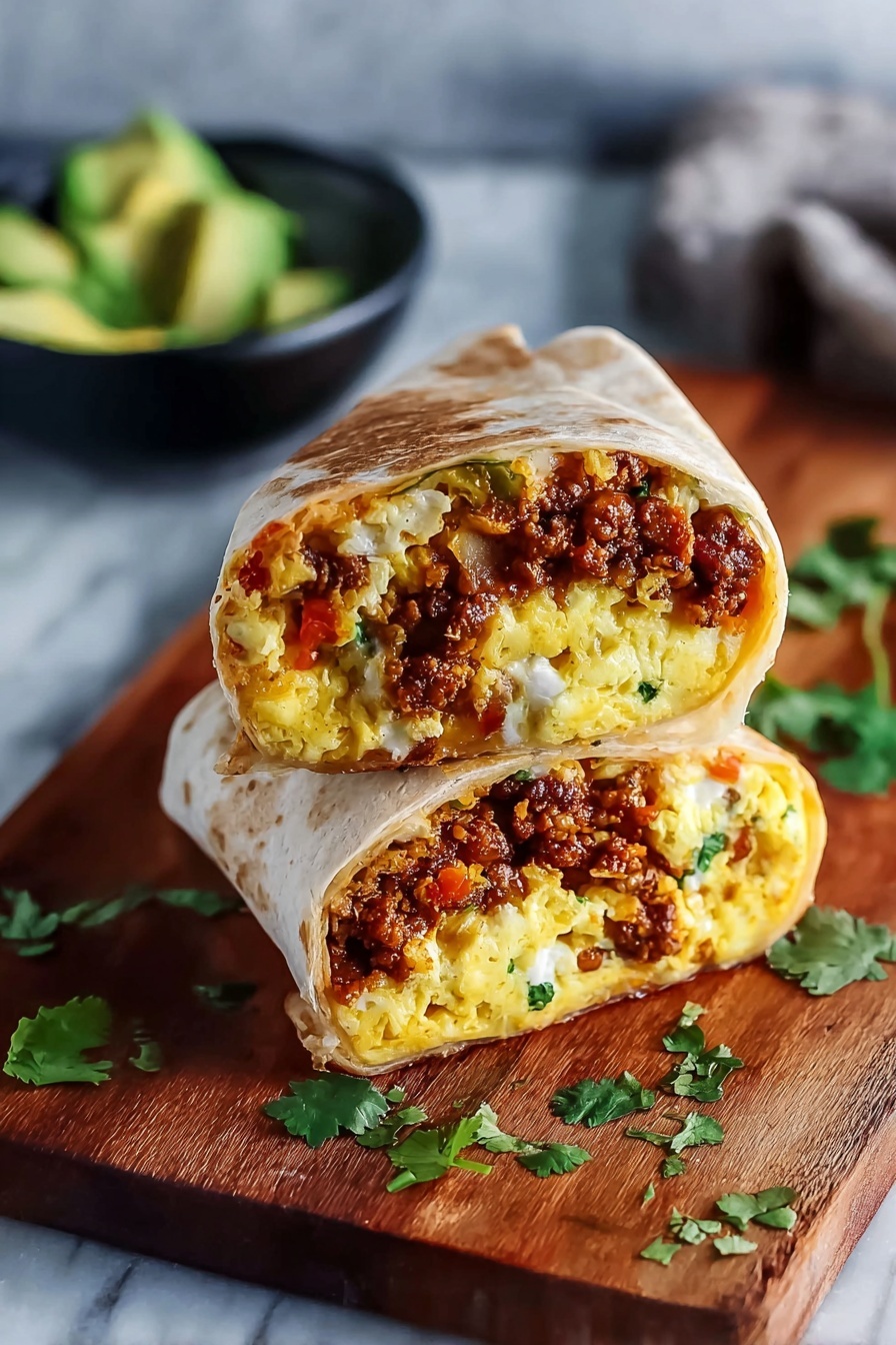 A chorizo breakfast burrito is wrapped in a tortilla.