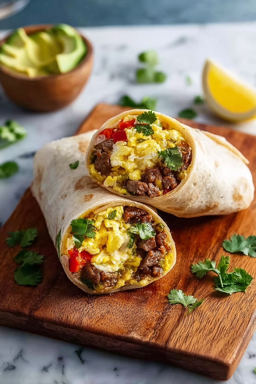 Two chorizo breakfast burritos on a wooden table.