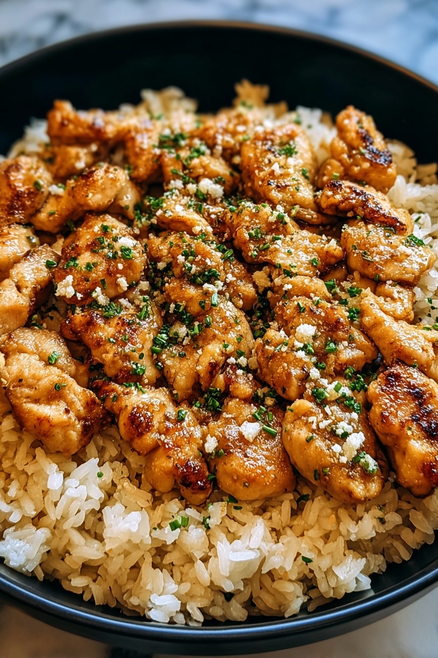 A plate of garlic Parmesan rice with chicken.