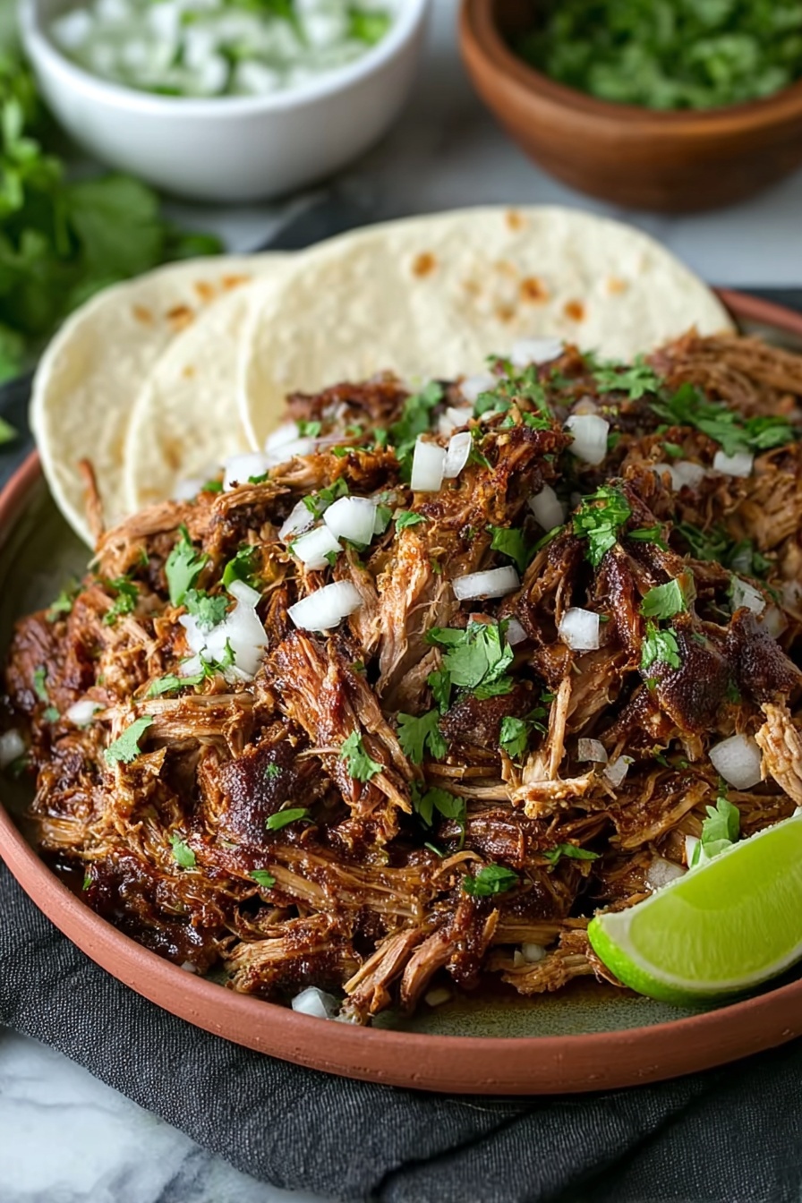 A plate of food with a crockpot carnitas dish.