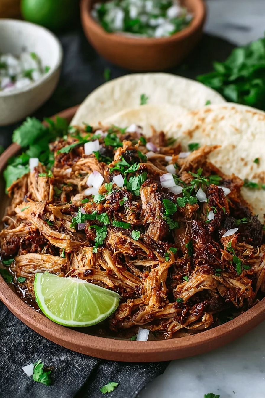 A bowl of crockpot carnitas with a lime wedge on top.
