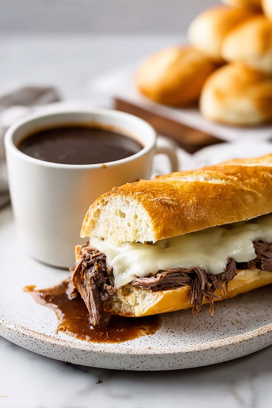 A sandwich with meat and cheese on a plate.