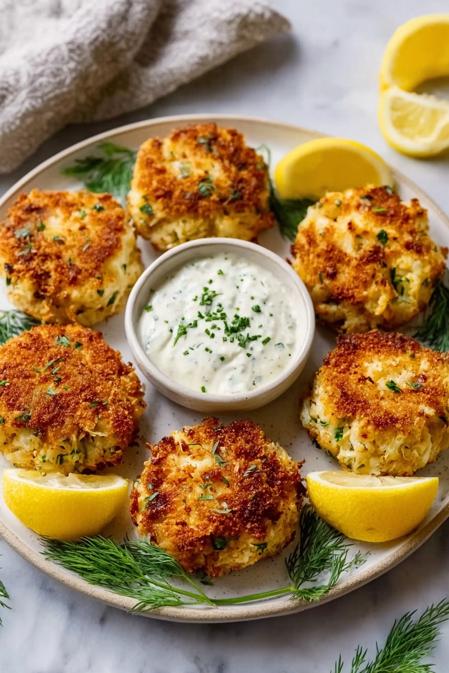 A plate of crispy crab cake bites with lemon dill sauce.